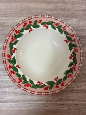 Set of 4 Essential Home Tartan Ribbon Christmas 2005 Holly Rim Soup Bowls